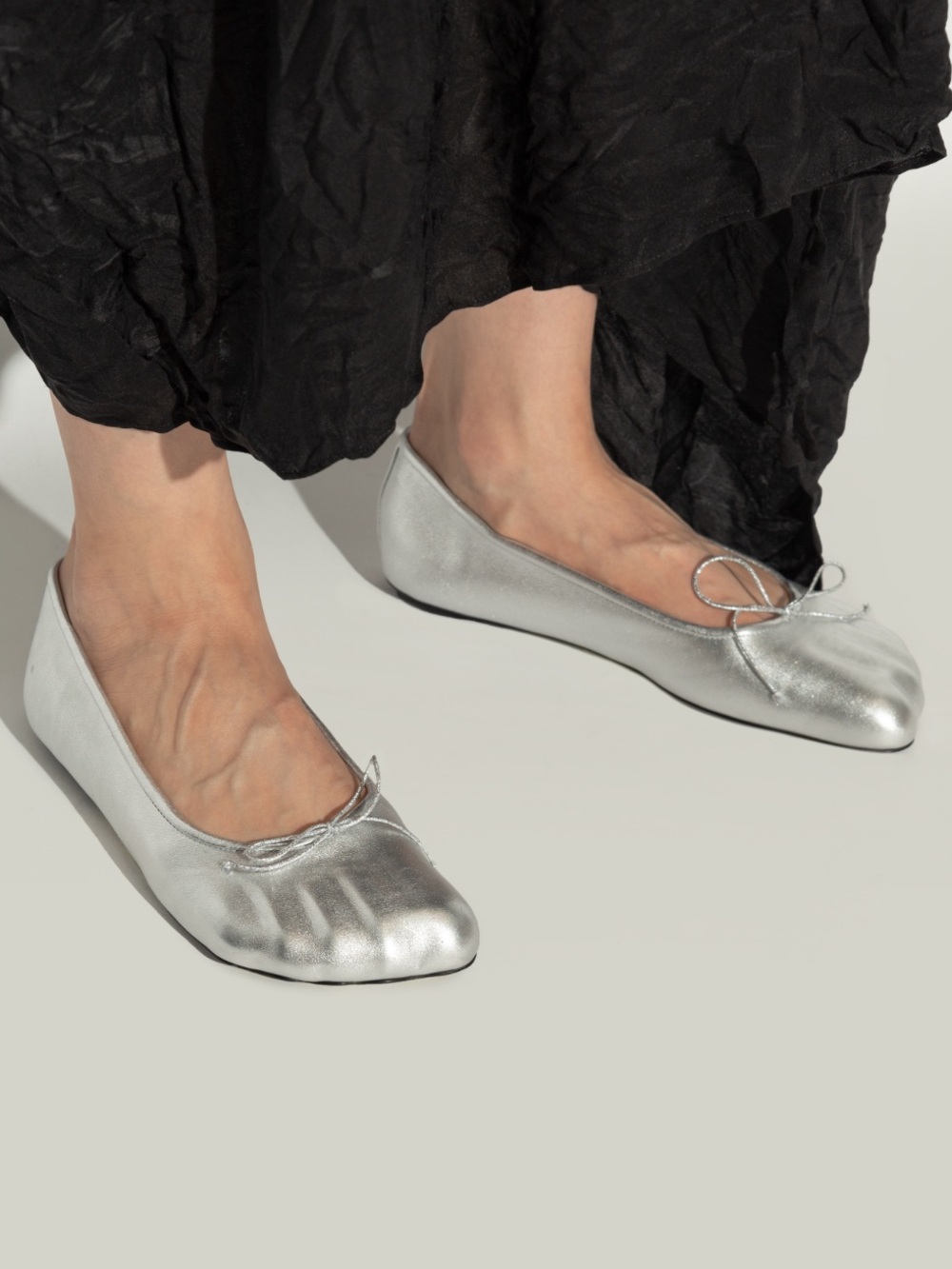 Balenciaga Silver Metallic Leather Bow Flats